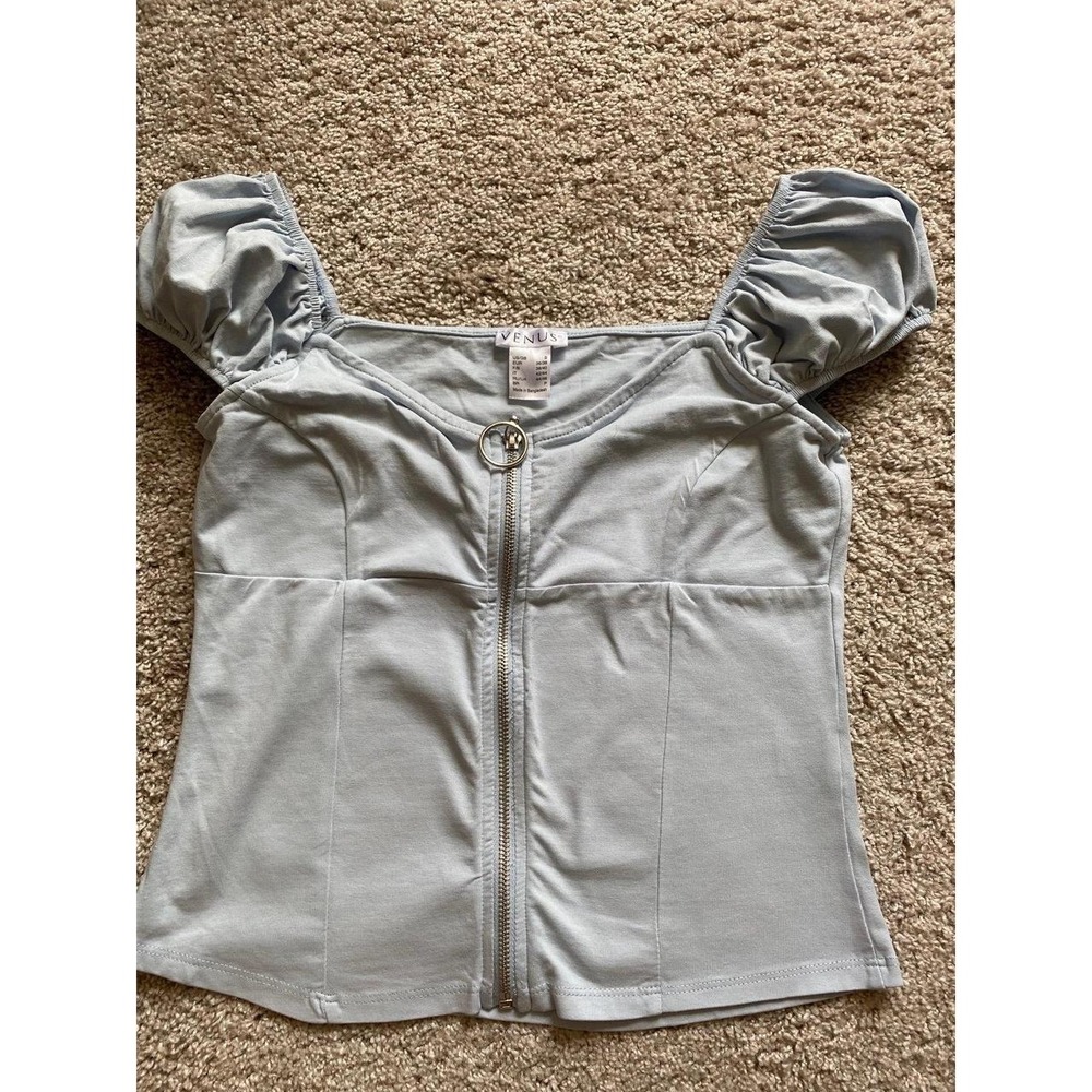 Venus Top Women Small Puff Sleeve Zipper Front Babydoll Whimsi sku7